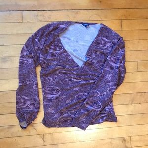 Gold shimmer and purple rose pattern long sleeve wrap front blouse